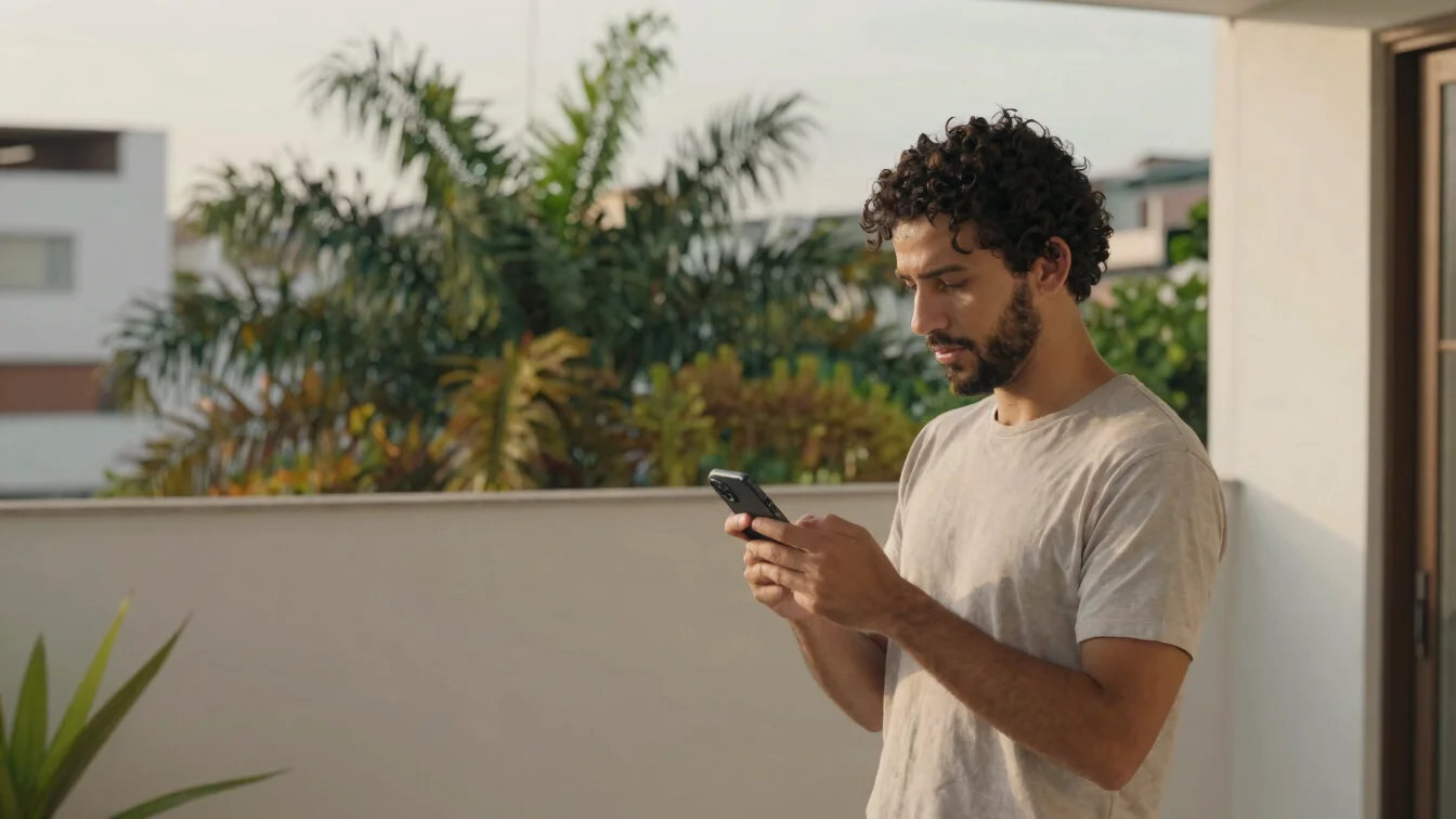 Pessoa segurando um smartphone em uma varanda de apartamento bras