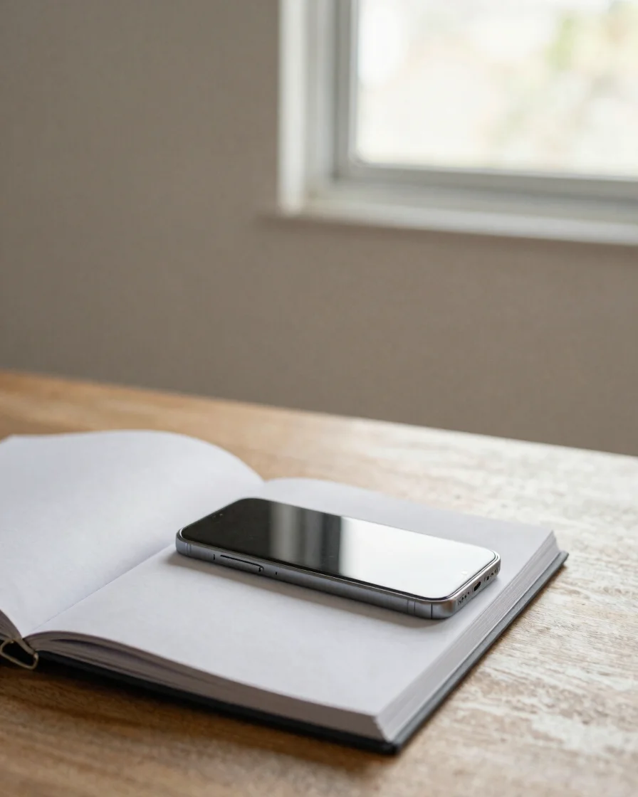 Detalhe editorial de um smartphone e um caderno aberto sobre uma